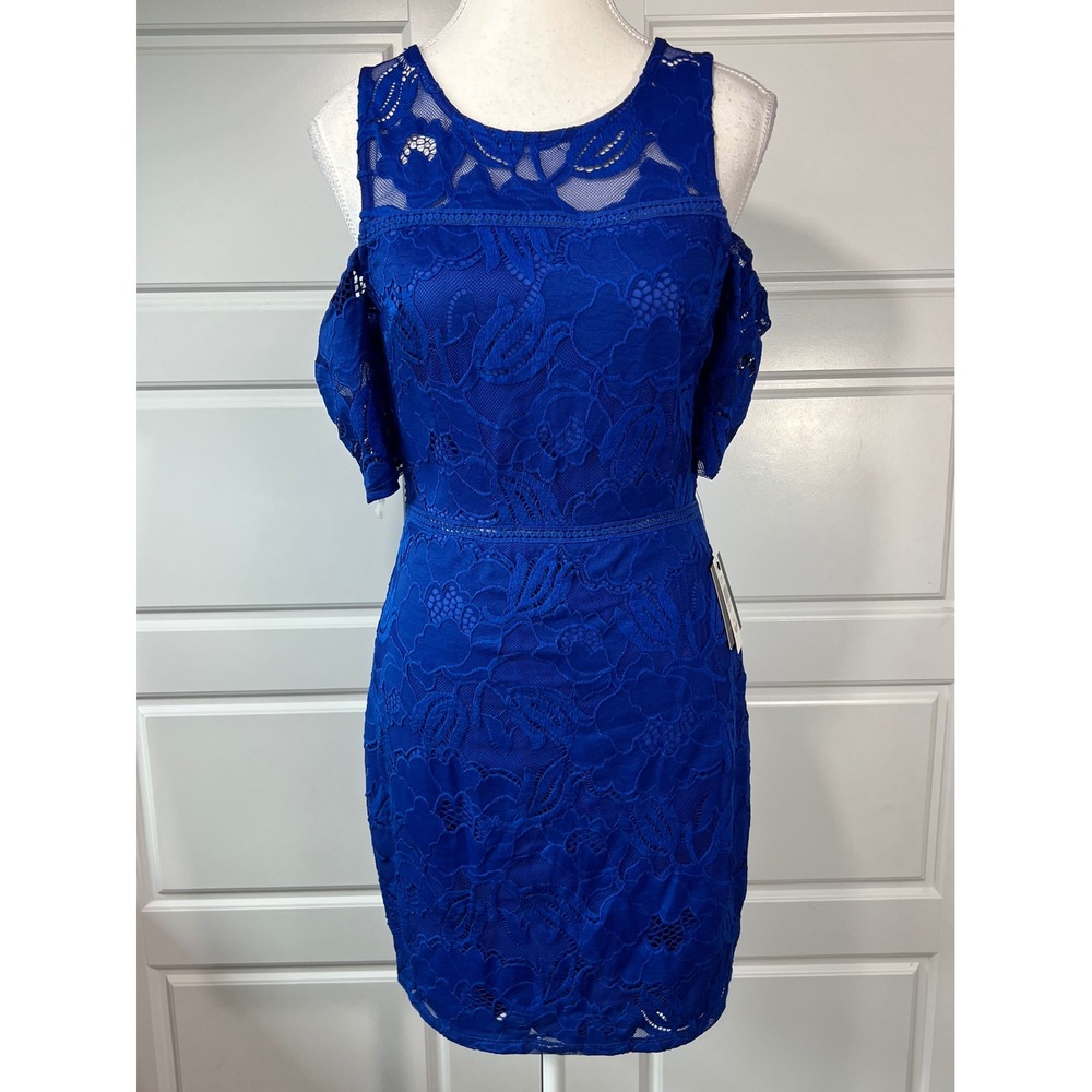 IN San Francisco Bali Blue Lace Cold Shoulder Mini Dress Women's Size 9